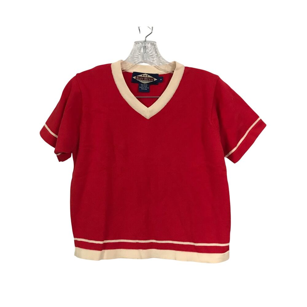 Ruff Hewn Sweater Top Medium V Neck Red White Cotton Short College Rugby Y2K M